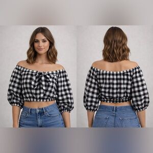 Maeve Black and White Gingham Off-Shoulder Crop Top
